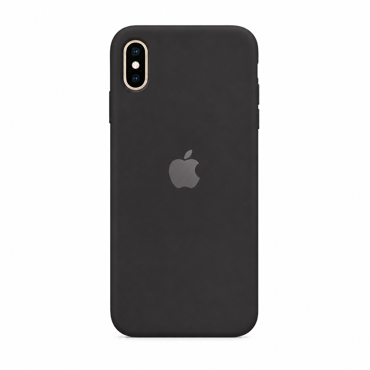 A matte black protective phone case with a built-in Apple logo on the back, shown on a clean white background.