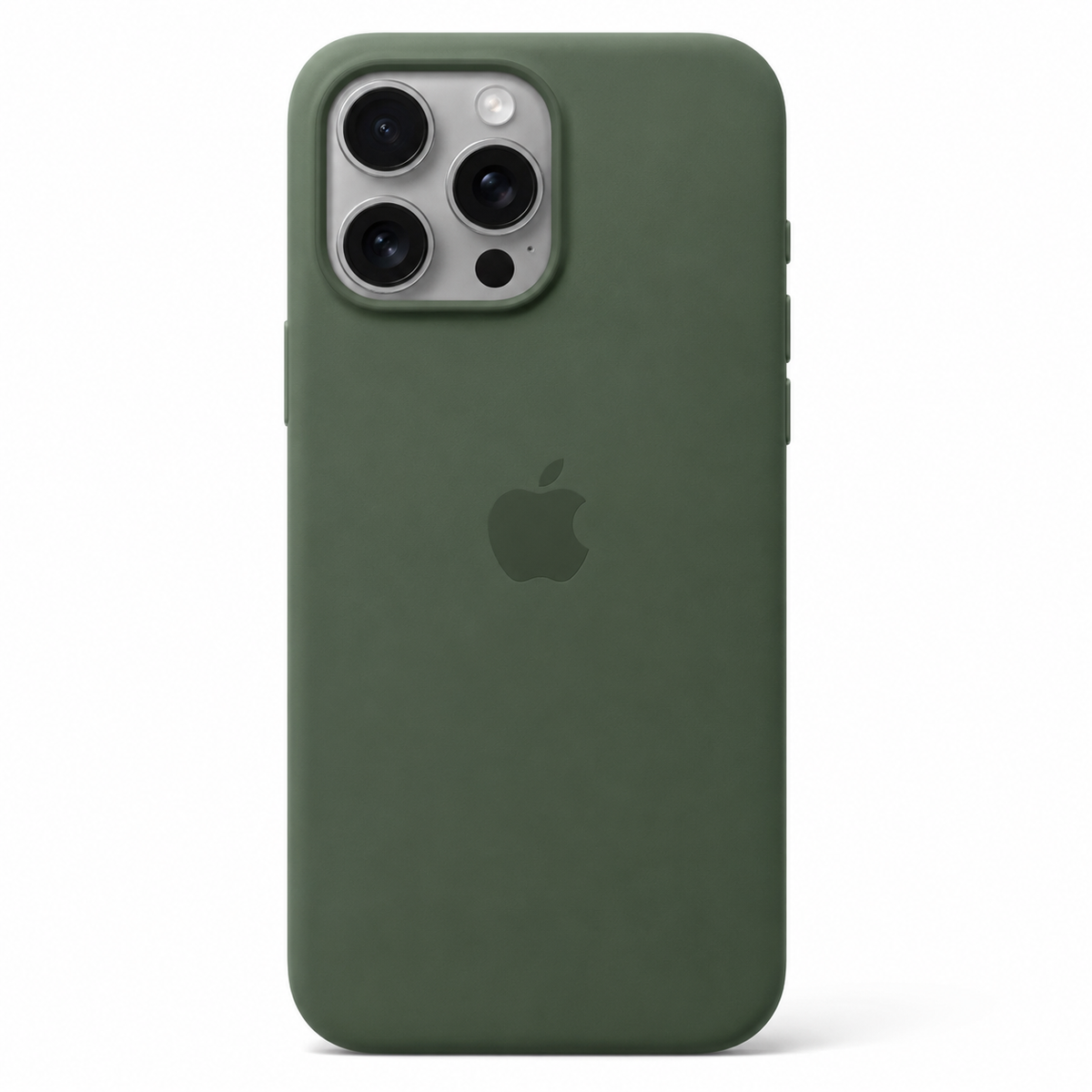 An olive green silicone phone case on an iPhone 15 pro max, shown from the back against a clean white background. The Apple logo is subtly visible through the case.
