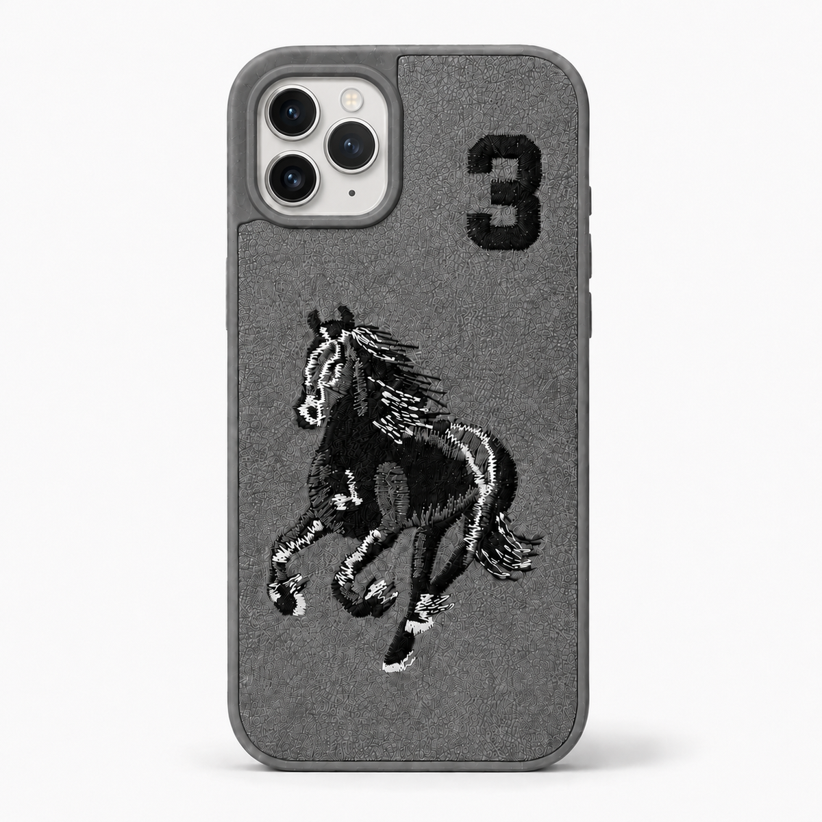Grey No. 3 – Dual-Cutout Santa Barbara Polo horse embroidered case for iPhone 11 on white background