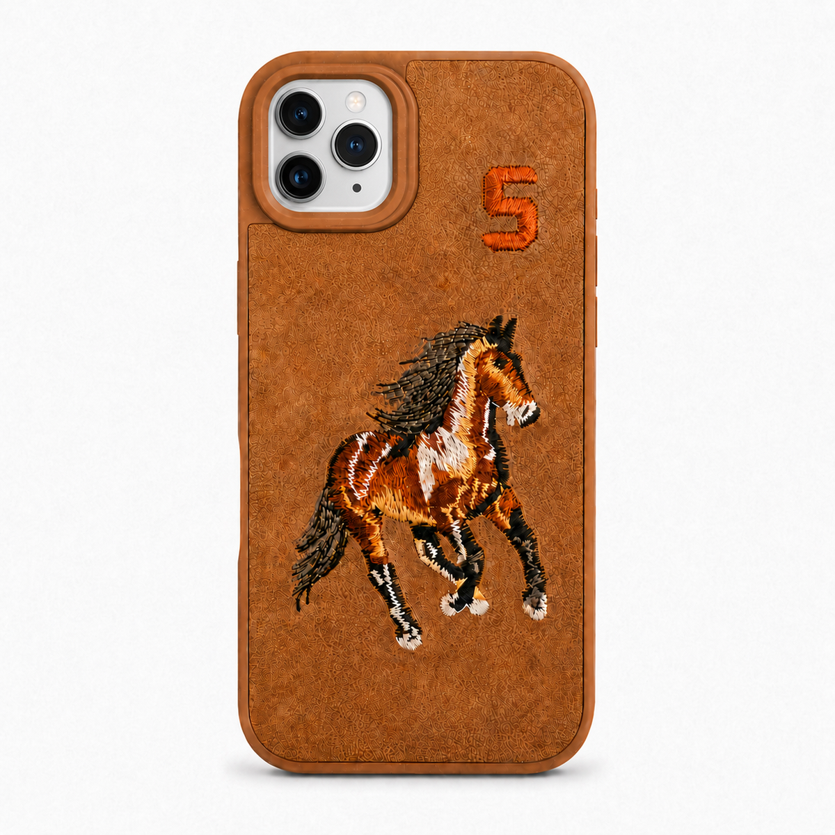 Tan No. 5 – Brown Horse Santa Barbara Polo horse embroidered case for iPhone 11 Pro on white background