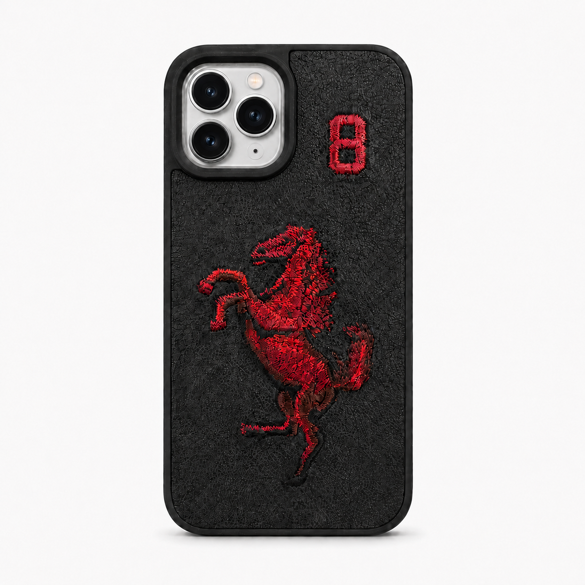 Black No. 8 – Red Horse Santa Barbara Polo horse embroidered case for iPhone 11 on white background