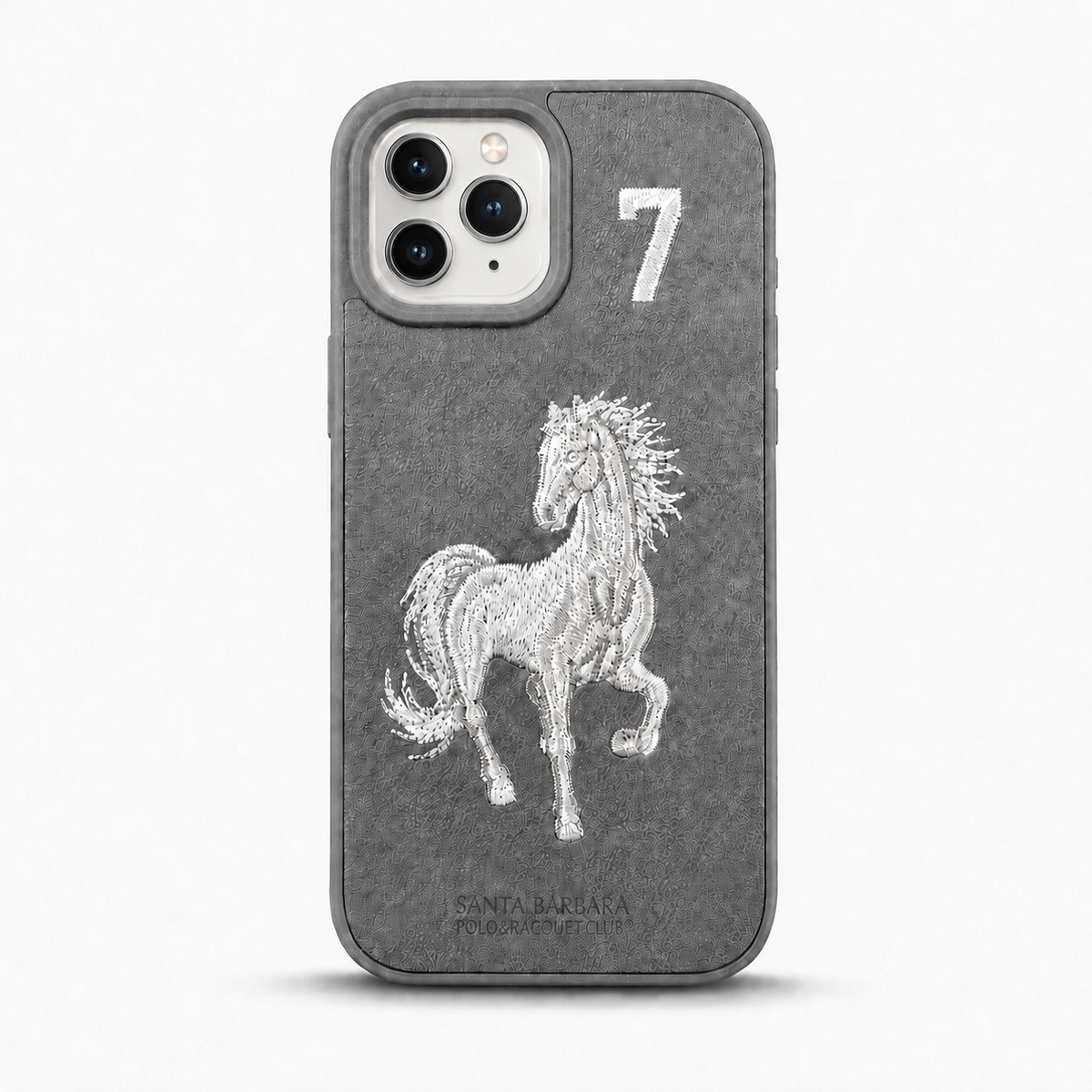 Grey No. 7 – White Horse Santa Barbara Polo horse embroidered case for iPhone 11 on white background