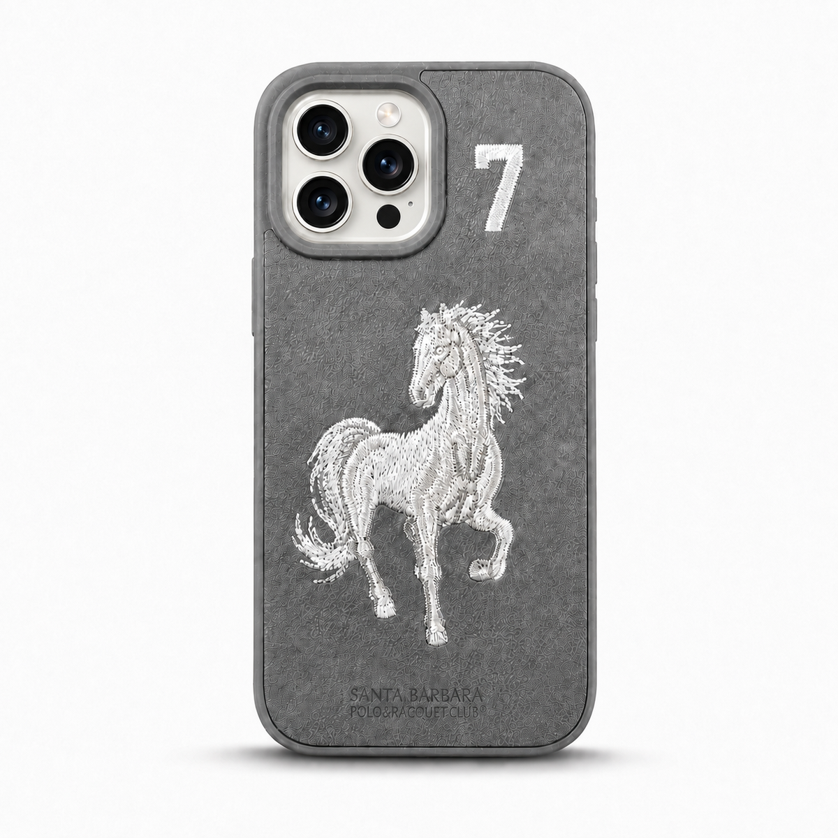 Grey No. 7 – White Horse Santa Barbara Polo horse embroidered case for iPhone 12 Pro on white background