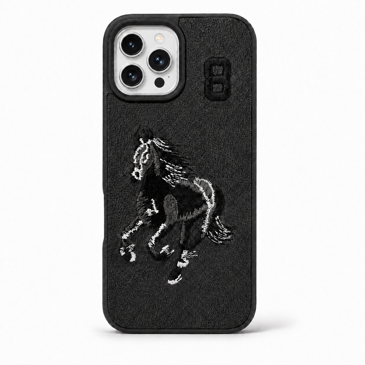Black No. 8 – Black & White Horse Santa Barbara Polo horse embroidered case for iPhone 13 Pro Max on white background