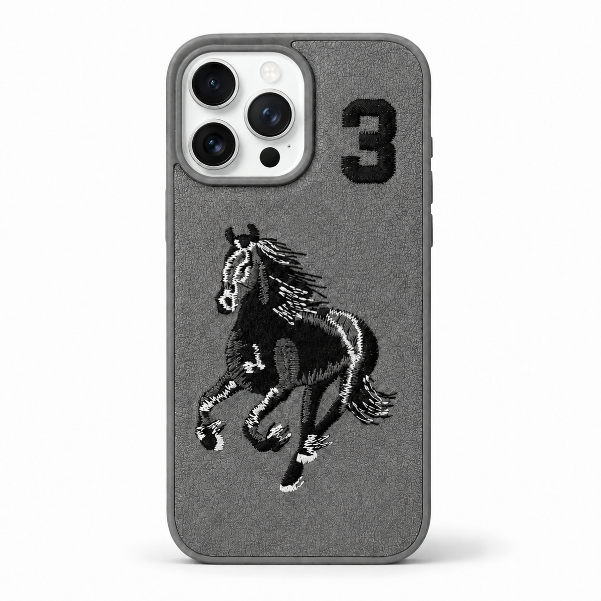 Grey No. 3 – Full Back Santa Barbara Polo horse embroidered case for iPhone 14 Pro on white background