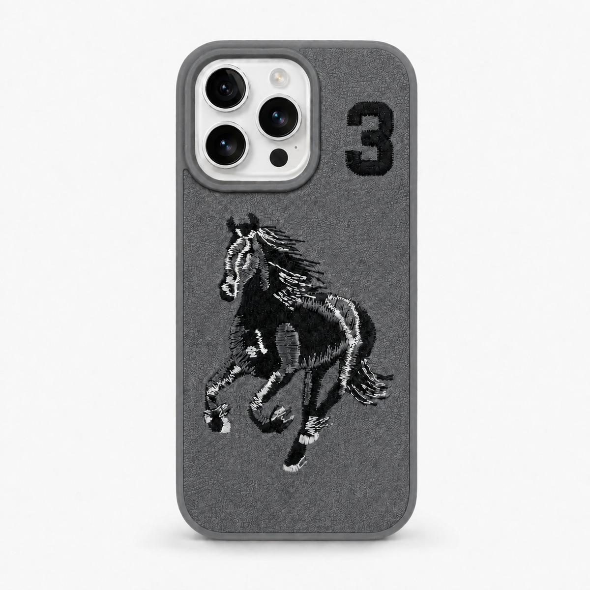 Grey No. 3 – Dual-Cutout Santa Barbara Polo horse embroidered case for iPhone 14 Pro on white background