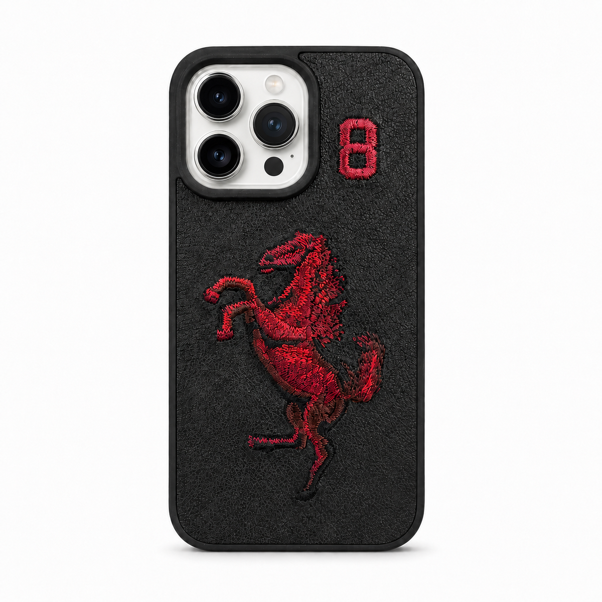 Black No. 8 – Red Horse Santa Barbara Polo horse embroidered case for iPhone 14 Pro on white background