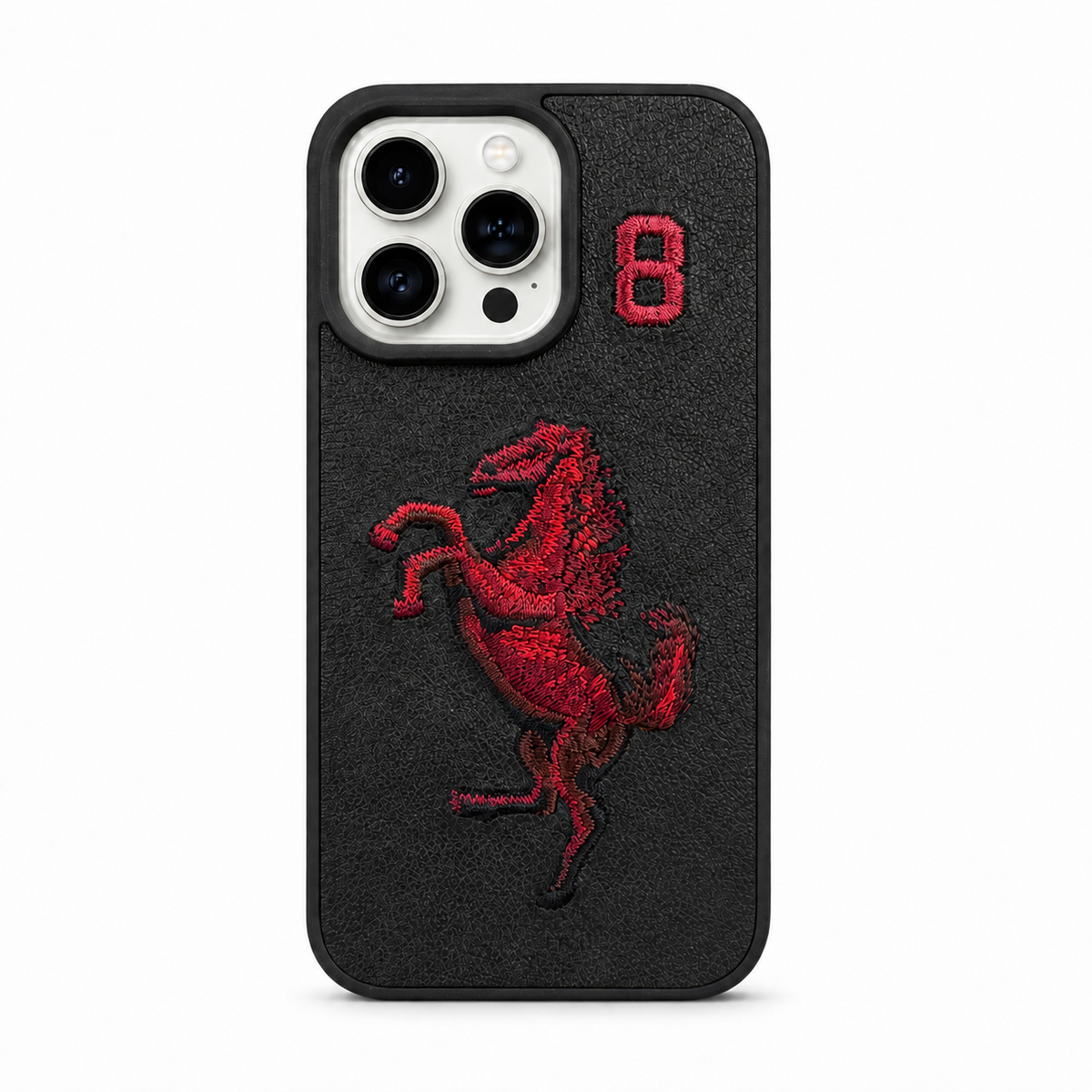 Black No. 8 – Red Horse Santa Barbara Polo horse embroidered case for iPhone 14 Pro Max on white background