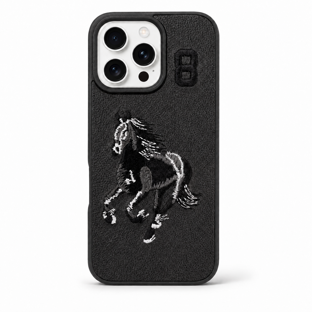 Black No. 8 – Black & White Horse Santa Barbara Polo horse embroidered case for iPhone 14 Pro Max on white background
