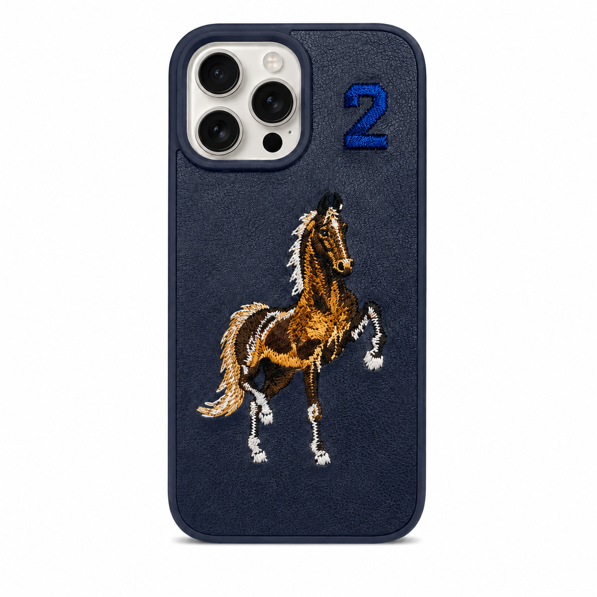 Navy No. 2 – Brown Horse Santa Barbara Polo horse embroidered case for iPhone 14 Pro Max on white background