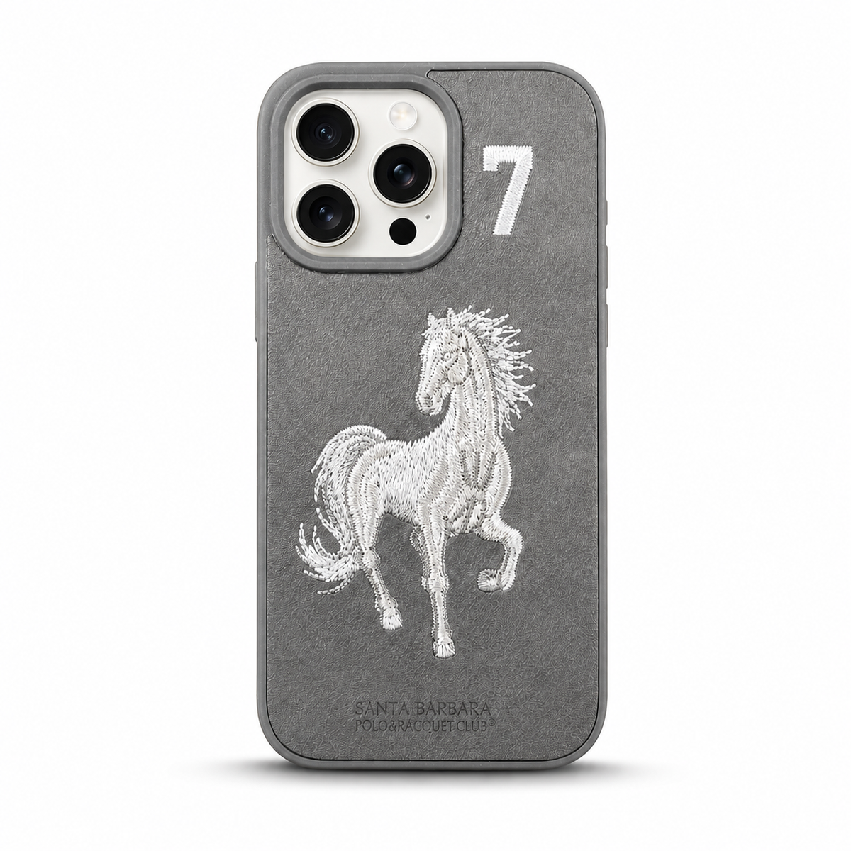 Grey No. 7 – White Horse Santa Barbara Polo horse embroidered case for iPhone 14 Pro Max on white background