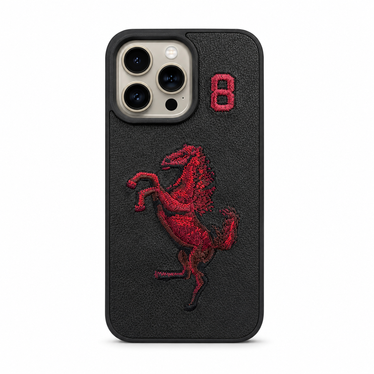 Black No. 8 – Red Horse Santa Barbara Polo horse embroidered case for iPhone 16 Pro Max on white background