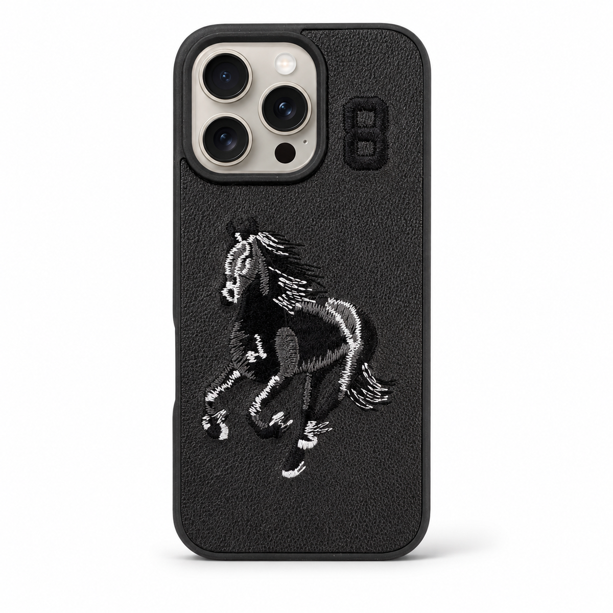 Black No. 8 – Black & White Horse Santa Barbara Polo horse embroidered case for iPhone 15 Pro Max on white background