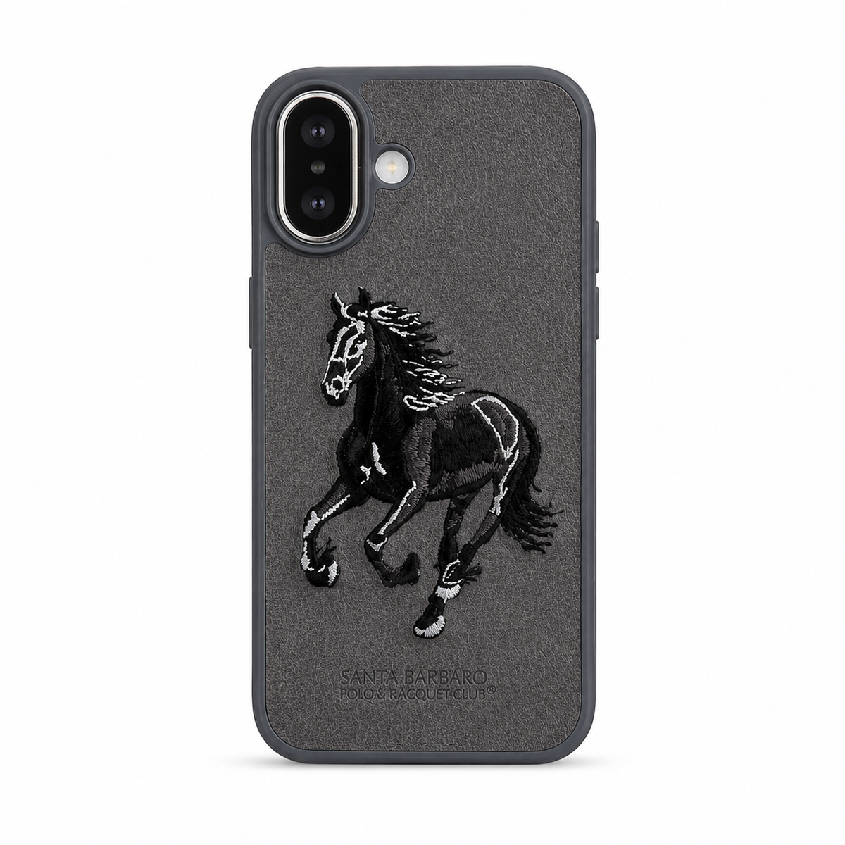 Grey Horse – Dual-Cutout Santa Barbara Polo horse embroidered case for iPhone 17 on white background