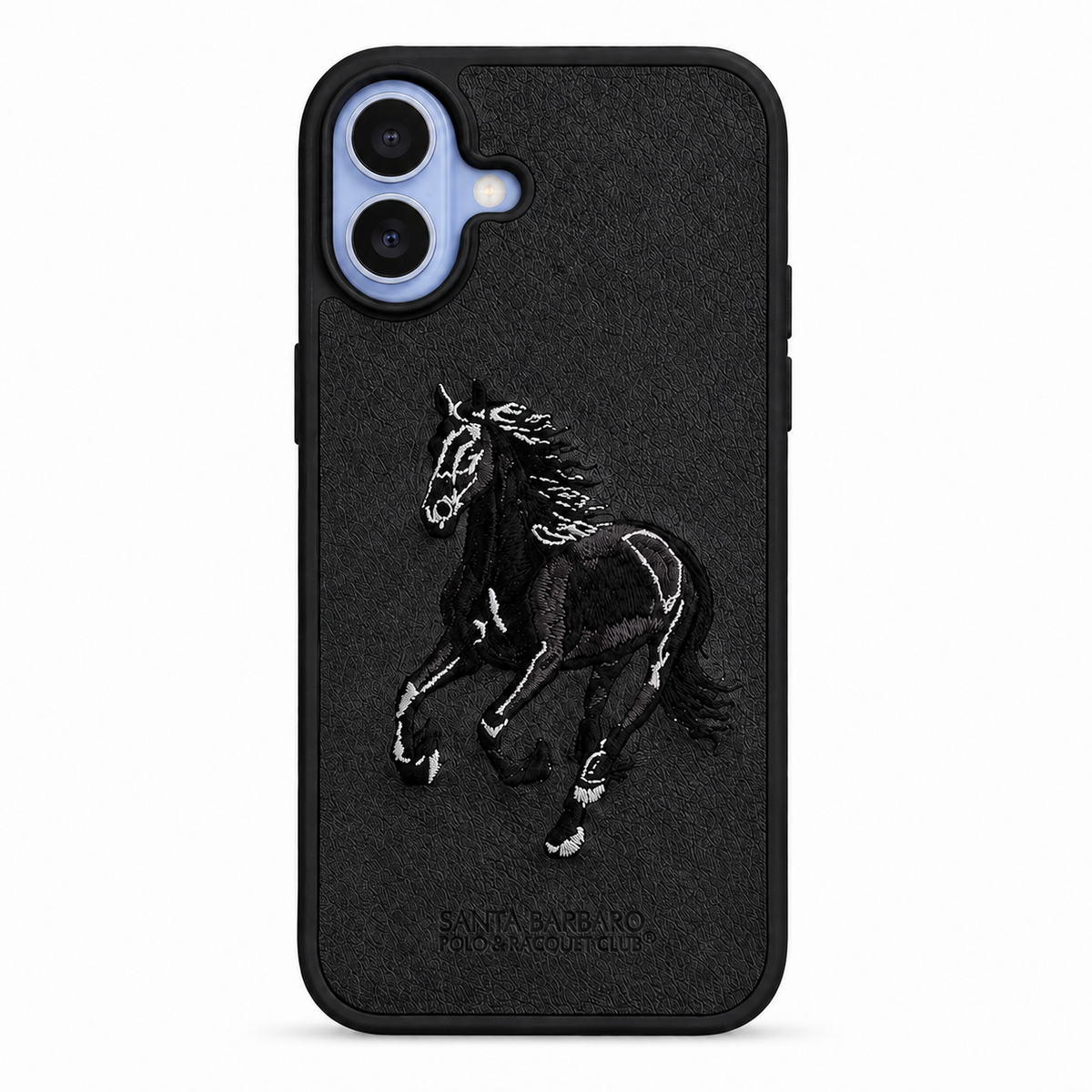 Black Horse – Dual-Cutout Santa Barbara Polo horse embroidered case for iPhone 17 on white background