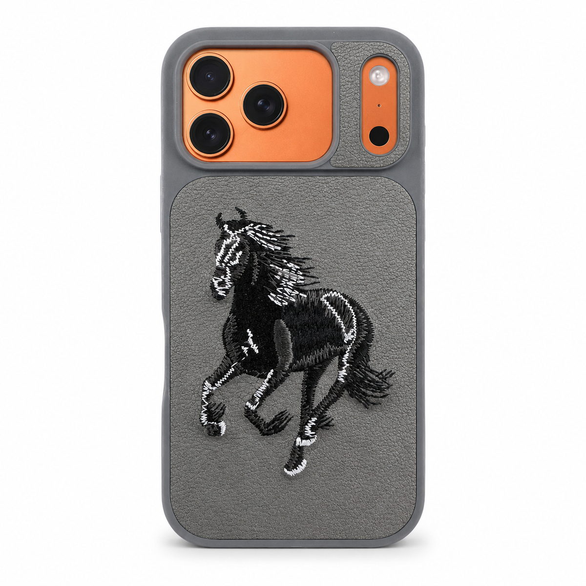 Grey Horse – Dual-Cutout Santa Barbara Polo horse embroidered case for iPhone 17 Pro Max on white background