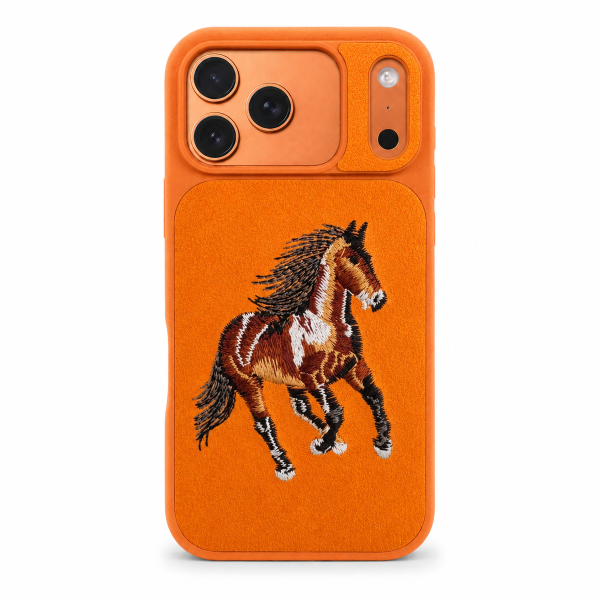 Orange Horse – Dual-Cutout Santa Barbara Polo horse embroidered case for iPhone 17 Pro on white background
