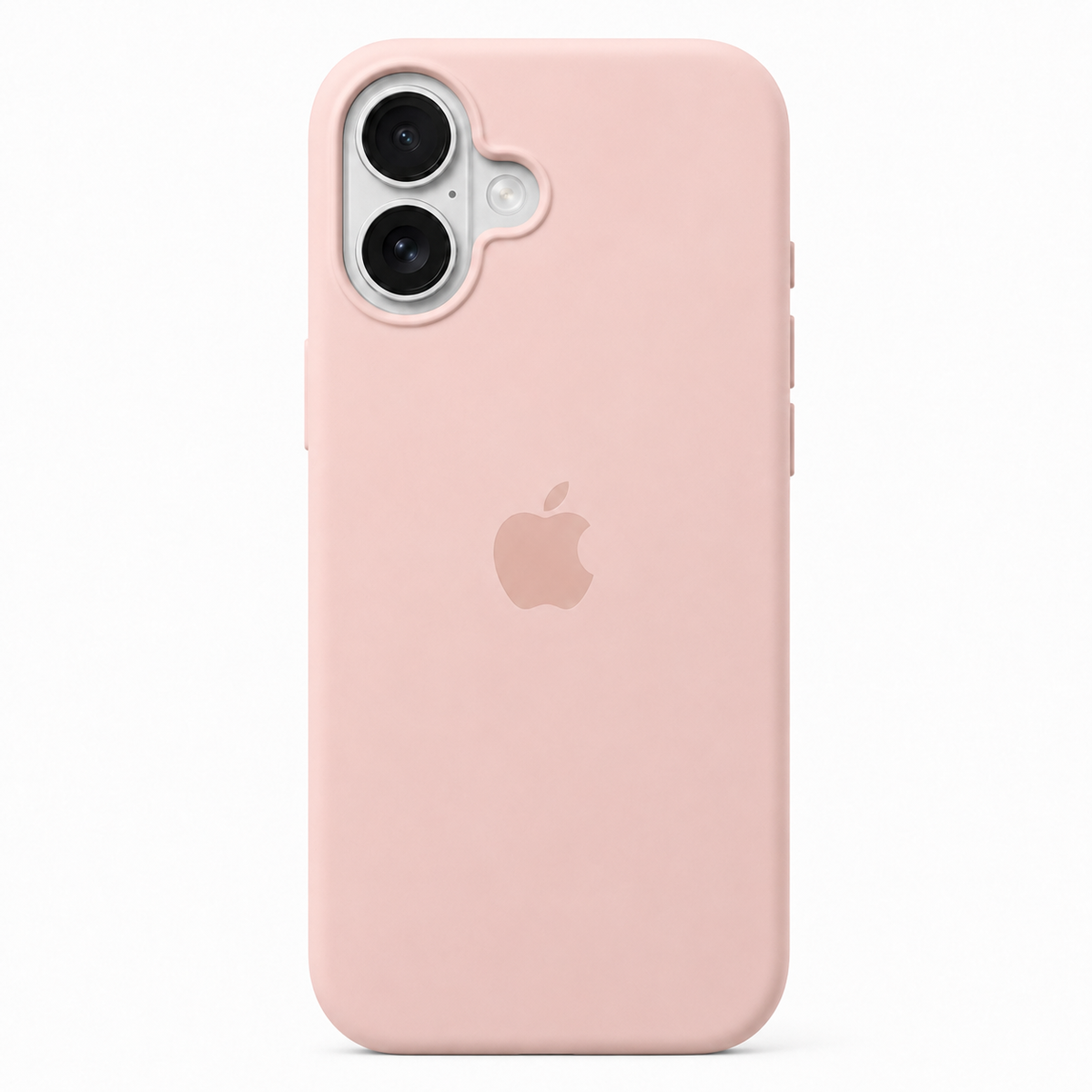 A light pink protective phone case with a matte finish, shown on an iPhone. The case features a precise cutout for the dual camera system and the Apple logo is visible through the center.