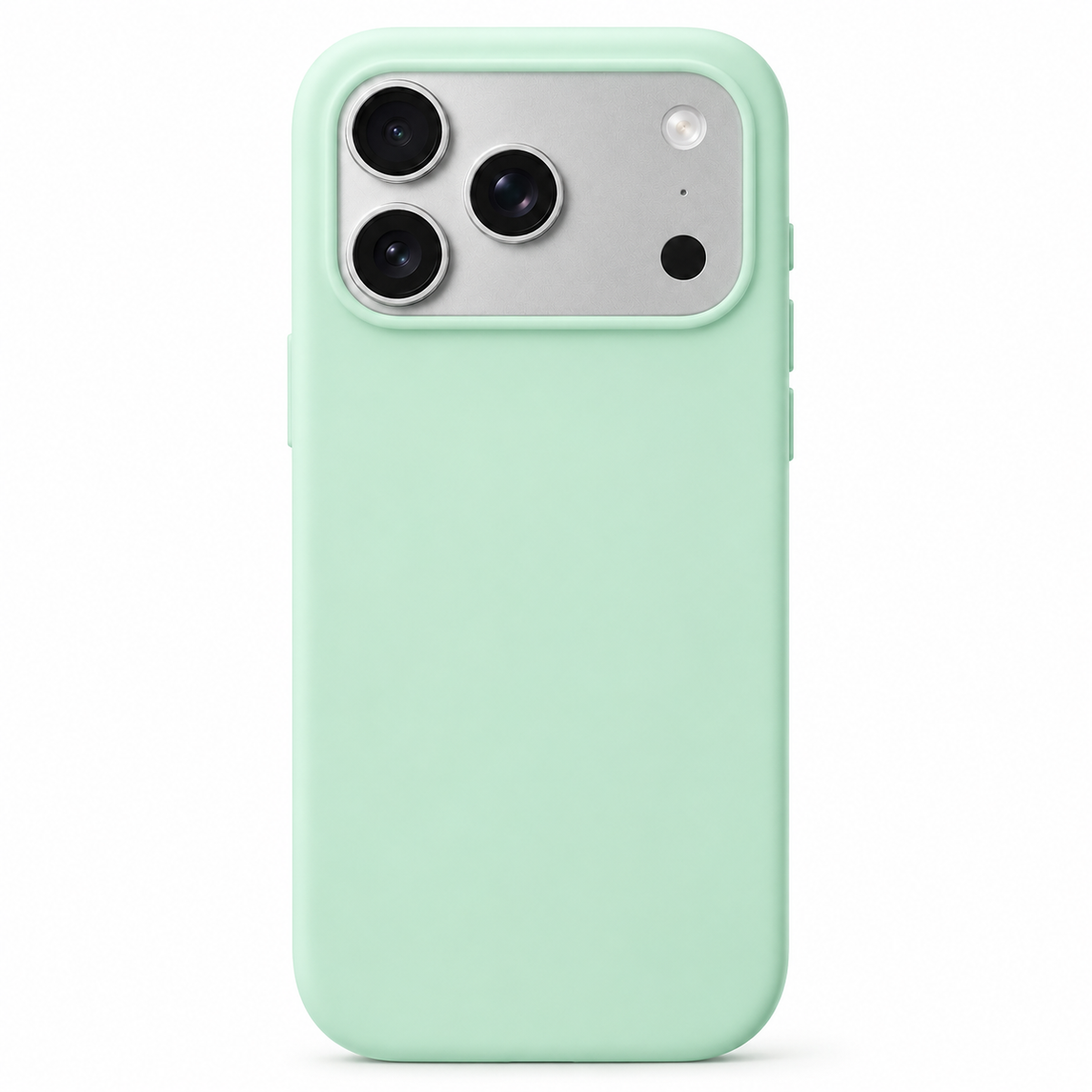 A mint green protective phone case shown from the back, fitted on a silver smartphone with a triple-camera system, set against a plain white background.
