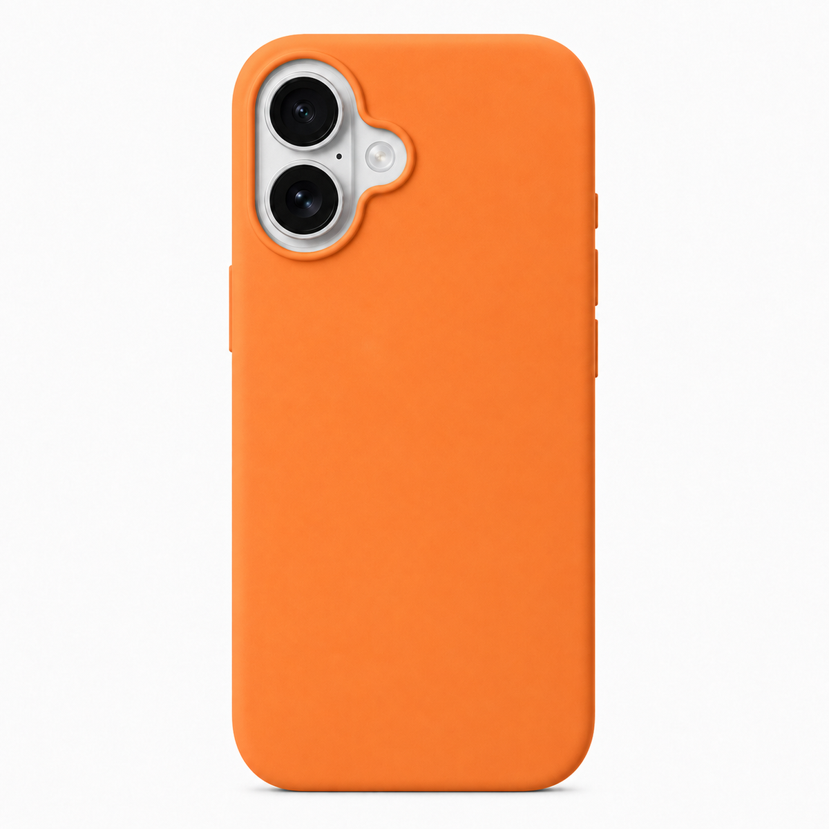 A bright orange protective phone case with a precise cutout for a dual-camera system, shown on a clean white background.
