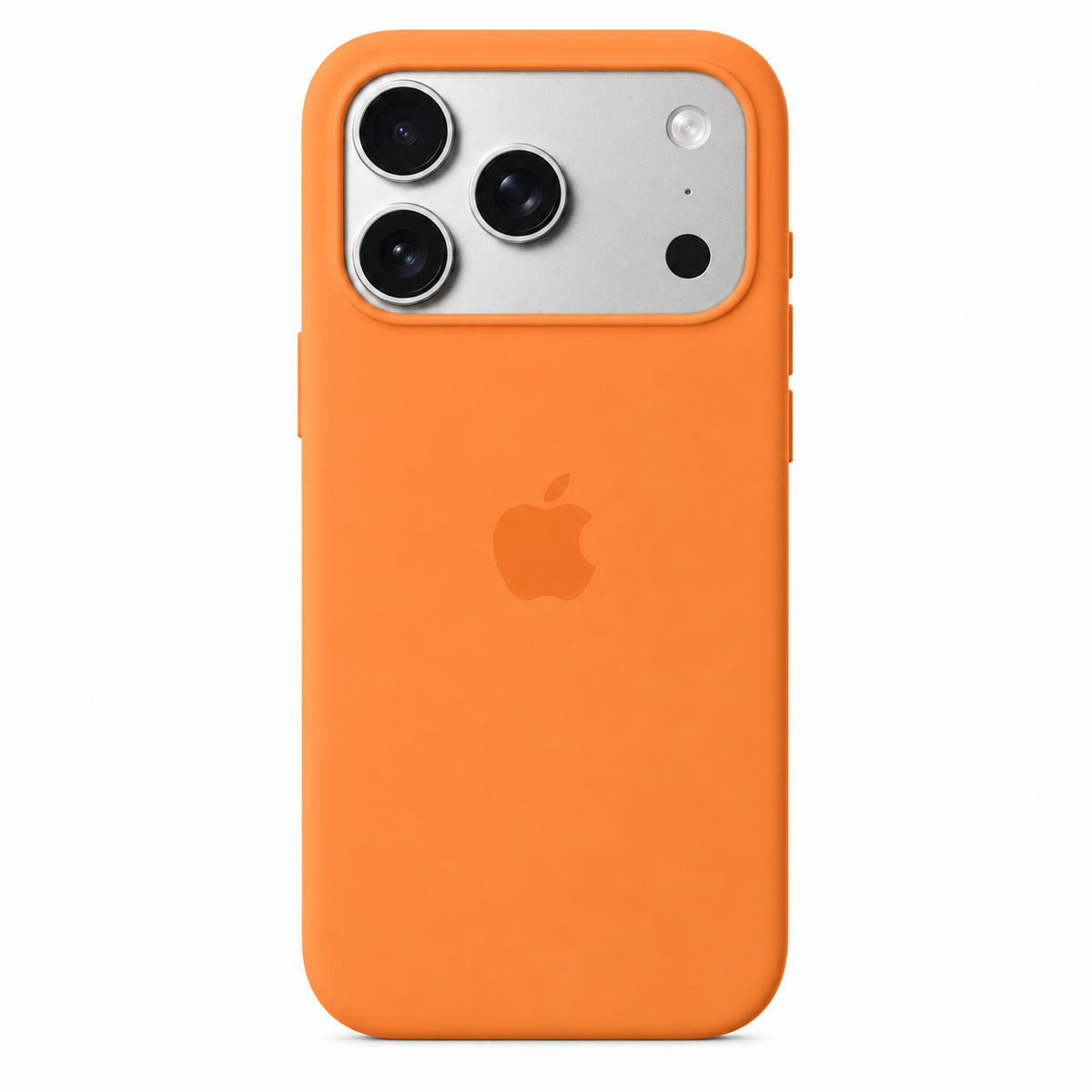 An orange silicone phone case on an iPhone 17 pro max, shown from the back against a solid white background. The Apple logo is visible through the translucent orange material.