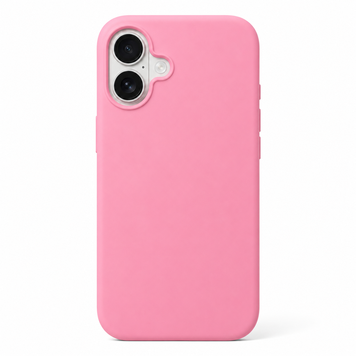 A solid pink protective phone case with a precise cutout for a dual-camera system and flash, shown on a clean white background.