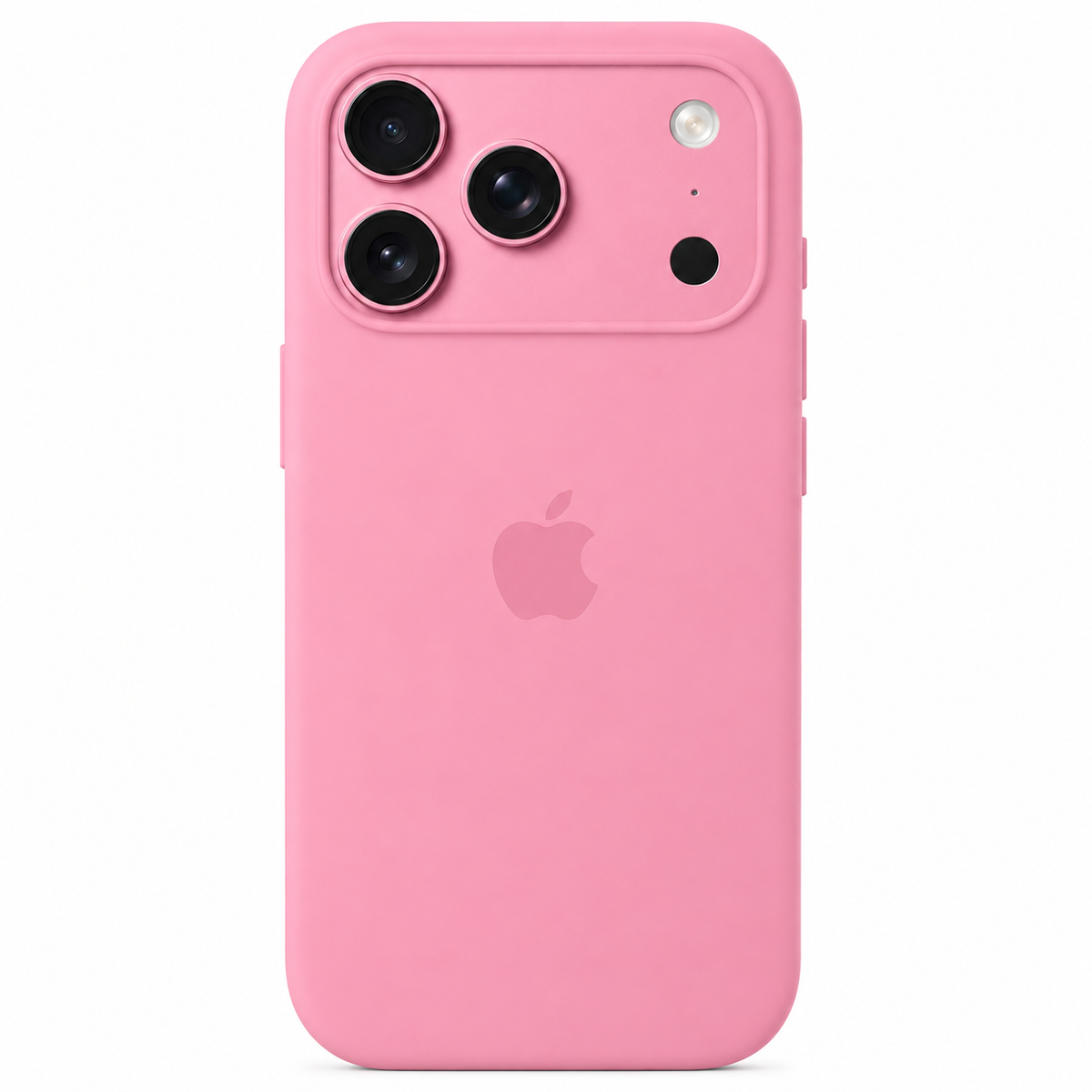 A pink protective iphone 17 pro max phone case with a matte finish, designed for an iPhone with a triple-camera system, shown on a solid white background.