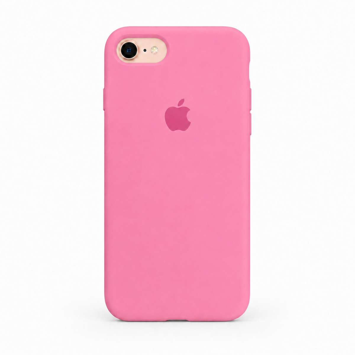 A pink phone case with a matching pink Apple logo, shown on a light gray background.