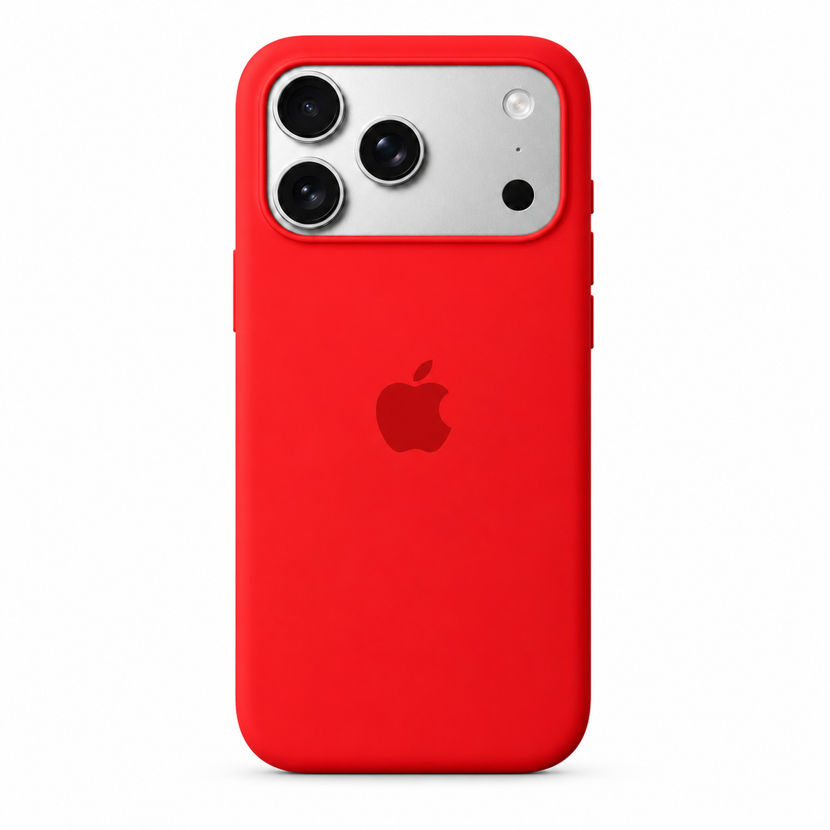 A bright red silicone iphone 17 pro max phone case on an iPhone, shown from the back against a clean white background. The Apple logo is visible through the cutout.