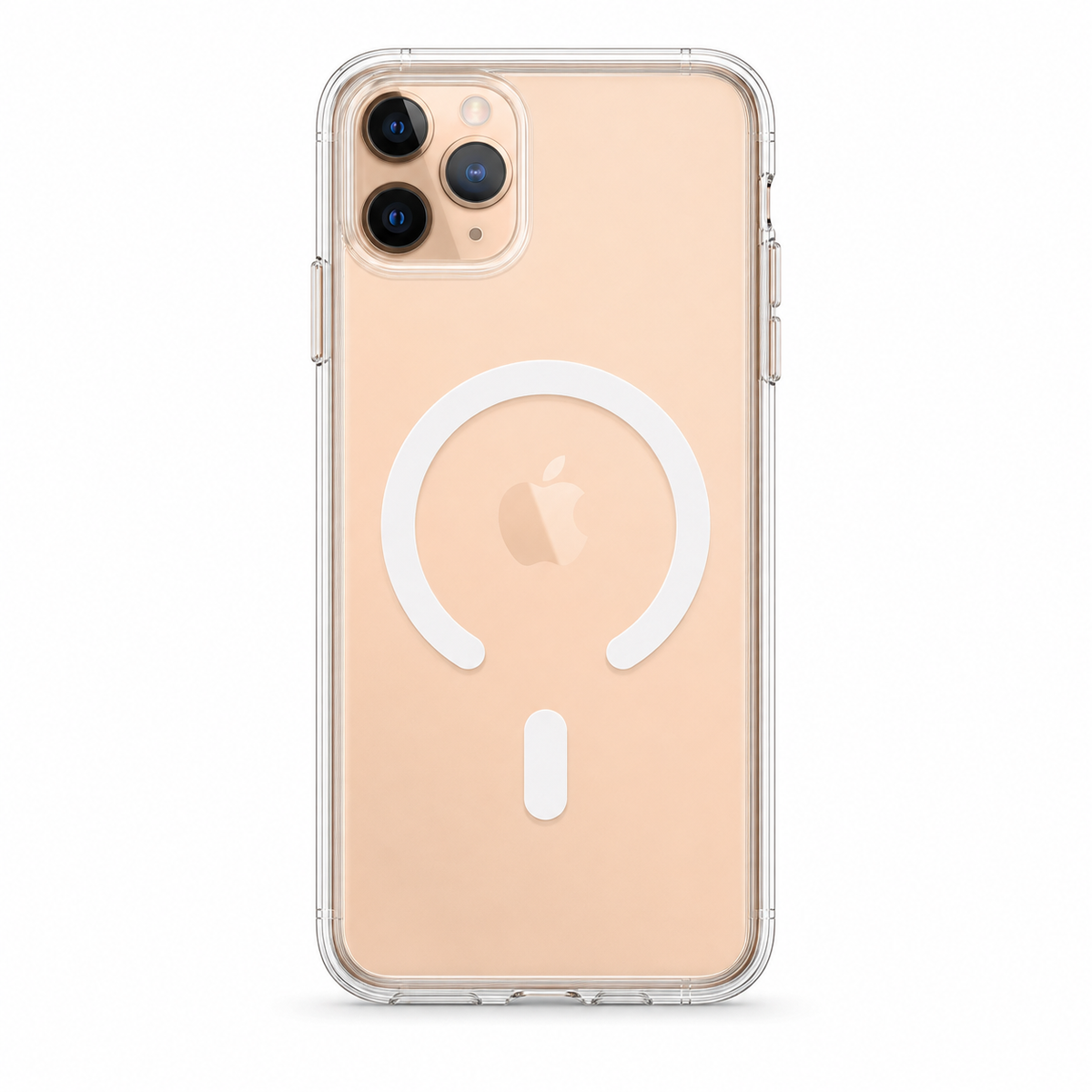 A clear protective phone case for iPhone 11 Pro Max on a gold iPhone, featuring a white MagSafe-compatible circular ring and vertical dot design on the back, set against a plain white background.
