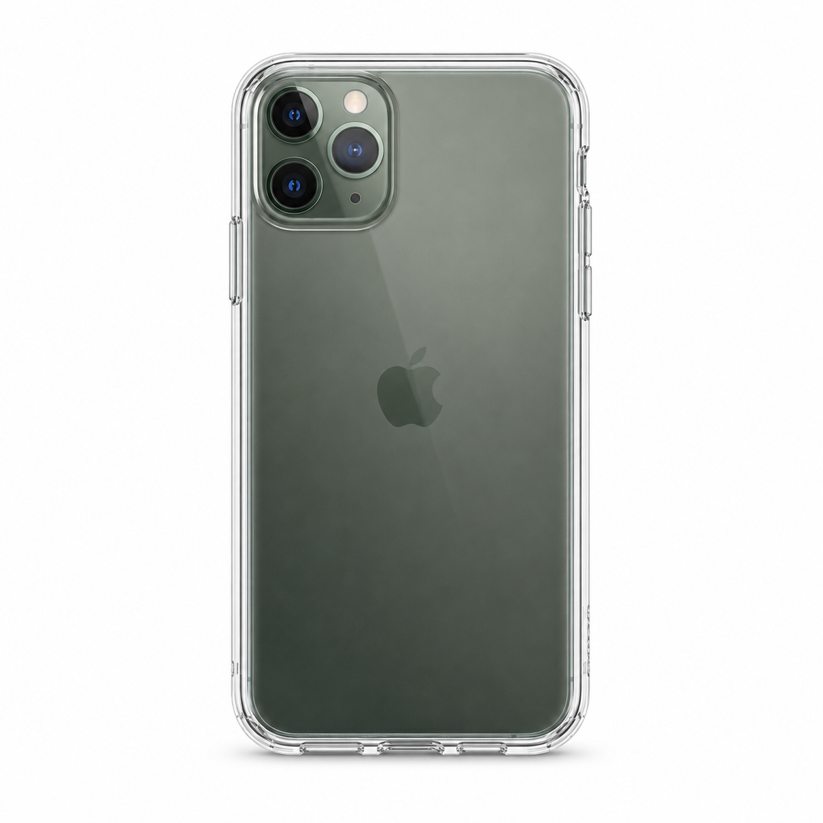 A clear protective phone case shown on the back of a dark green iPhone 11 Pro, photographed against a clean white background.