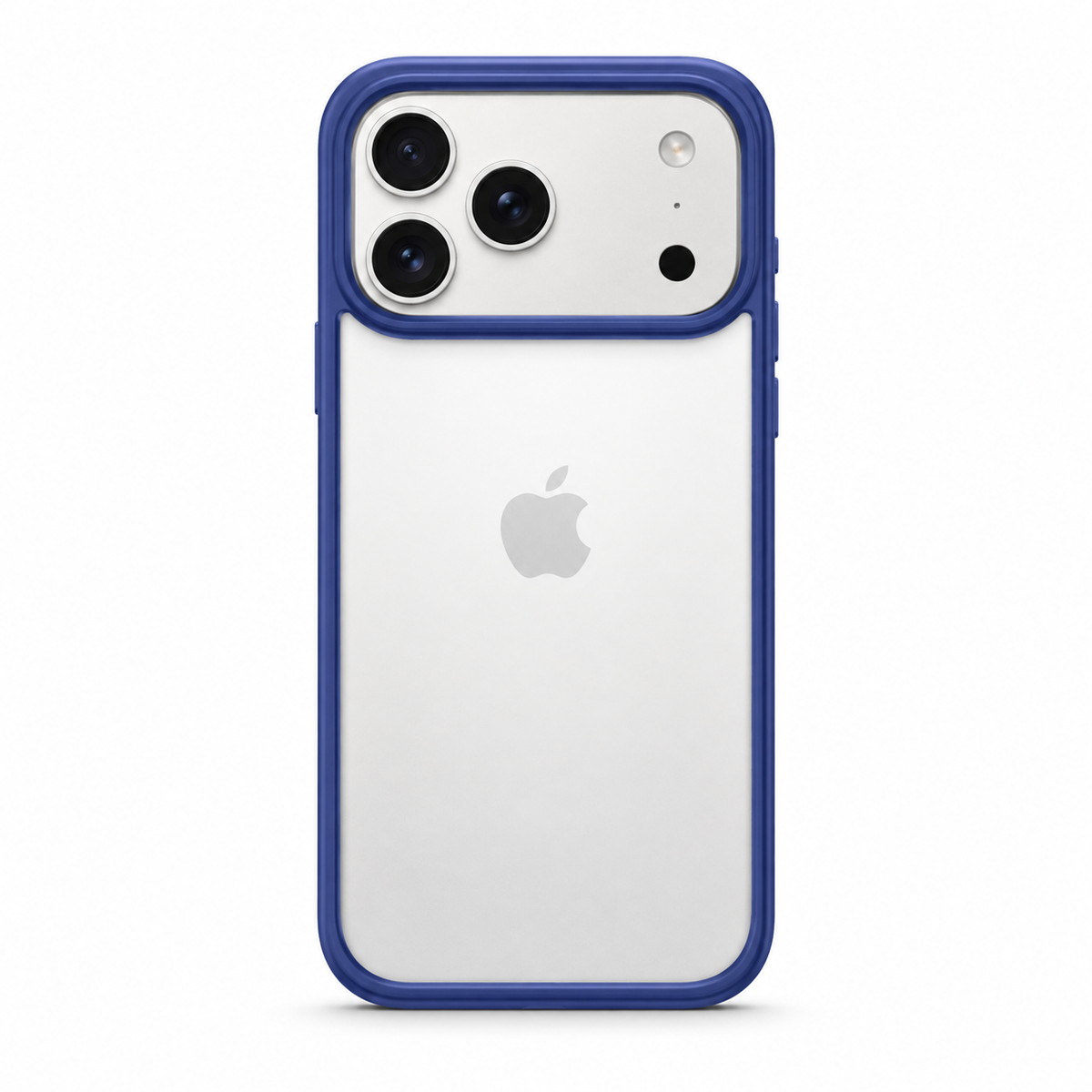 A clear protective phone case with a blue bumper frame, shown on a silver iPhone 17 pro max. The case features a raised camera bar and precise cutouts for the phone's camera lenses and flash.