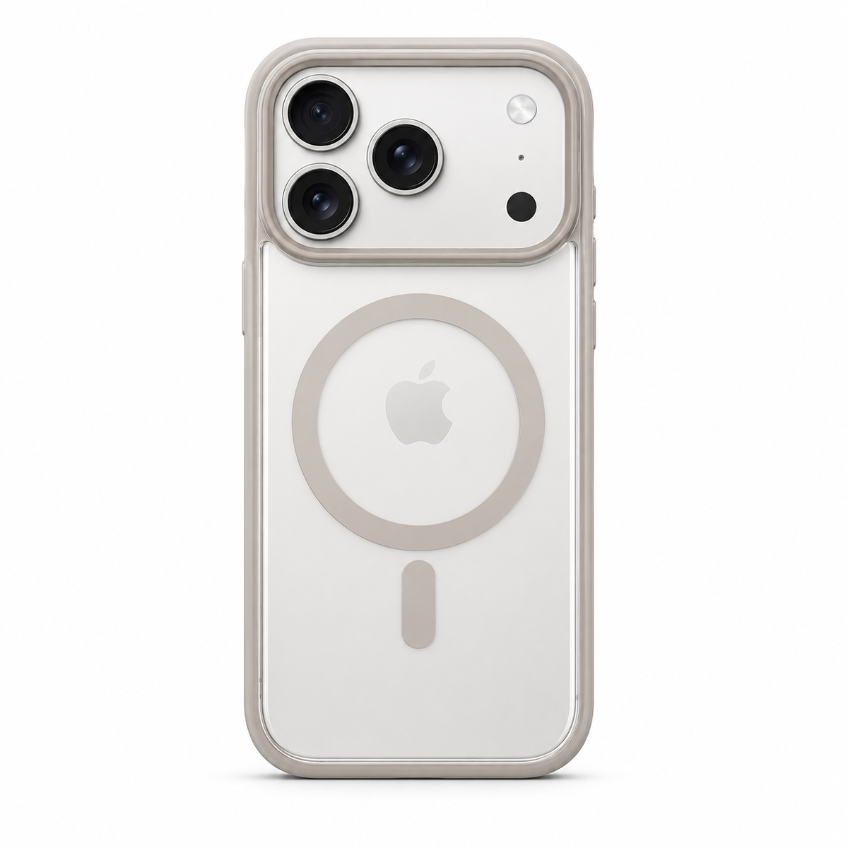 A clear MagSafe-compatible phone case with a light beige bumper frame, shown on a white iPhone 17 Pro against a clean white background.