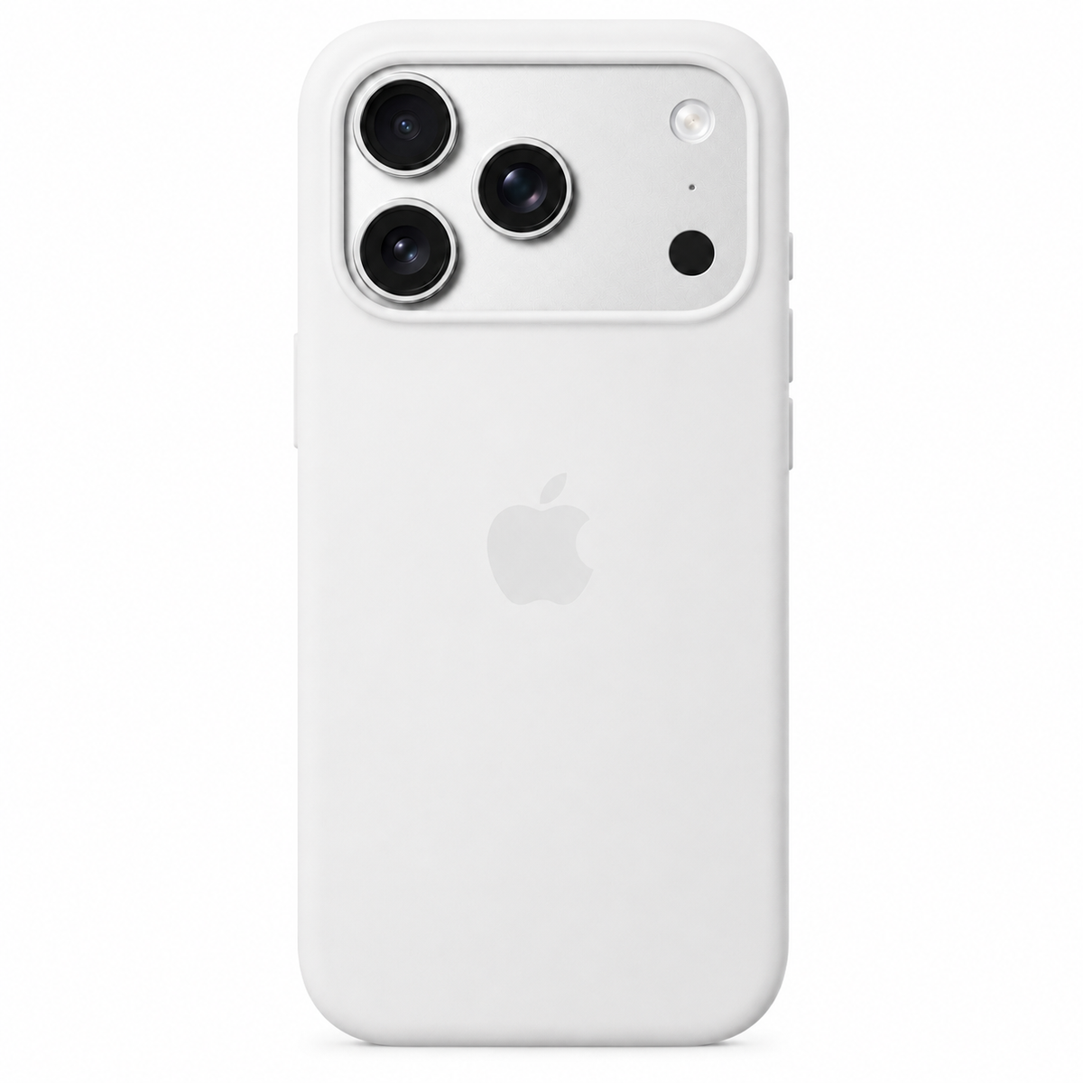 A white protective iphone 17 pro max phone case with a matte finish, shown on a white iPhone. The case features a subtle gray Apple logo in the center and is designed with a raised camera module cutout.