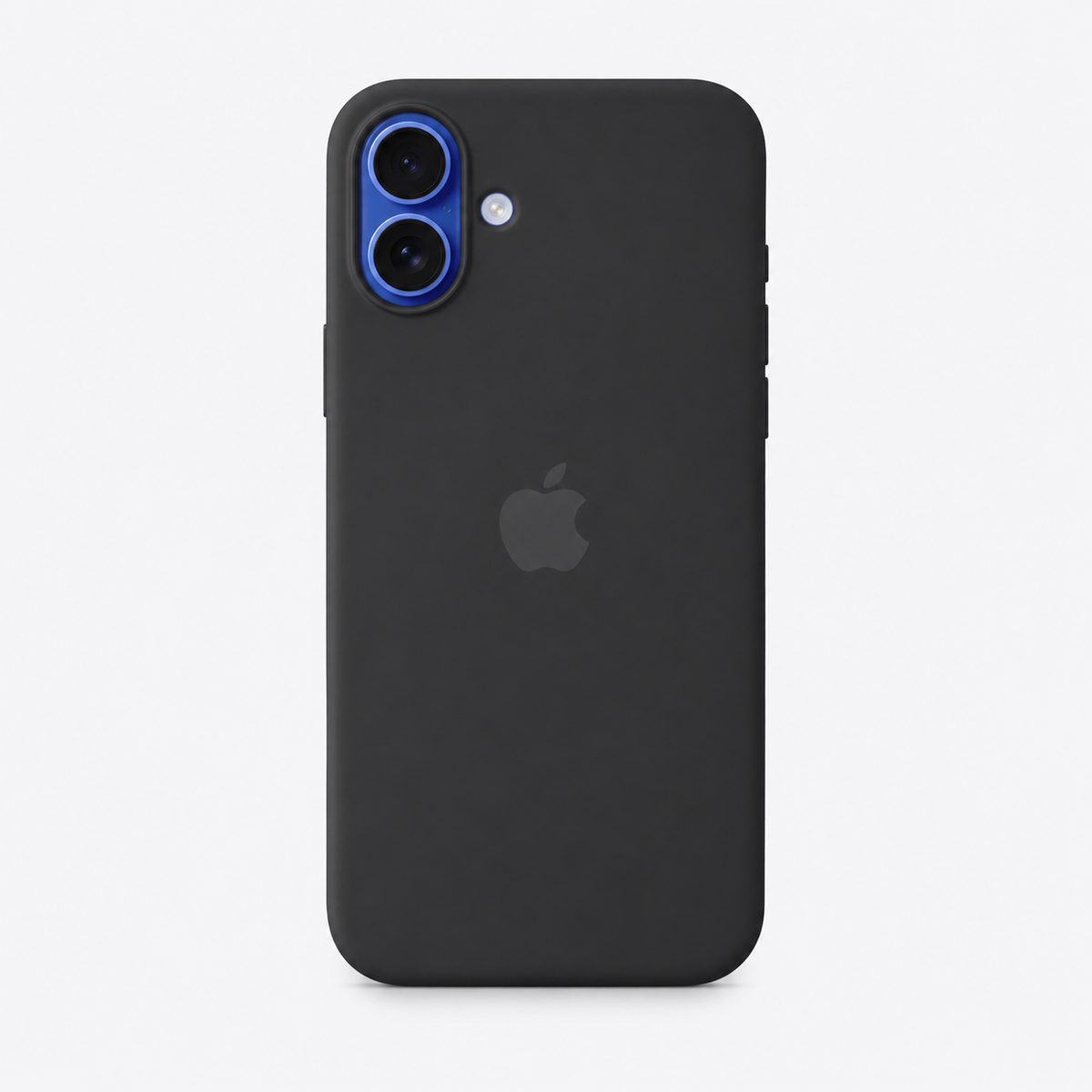 A matte black protective phone case shown on the back of an iPhone, featuring a subtle gray Apple logo and a blue camera ring accent, set against a clean light gray background.
