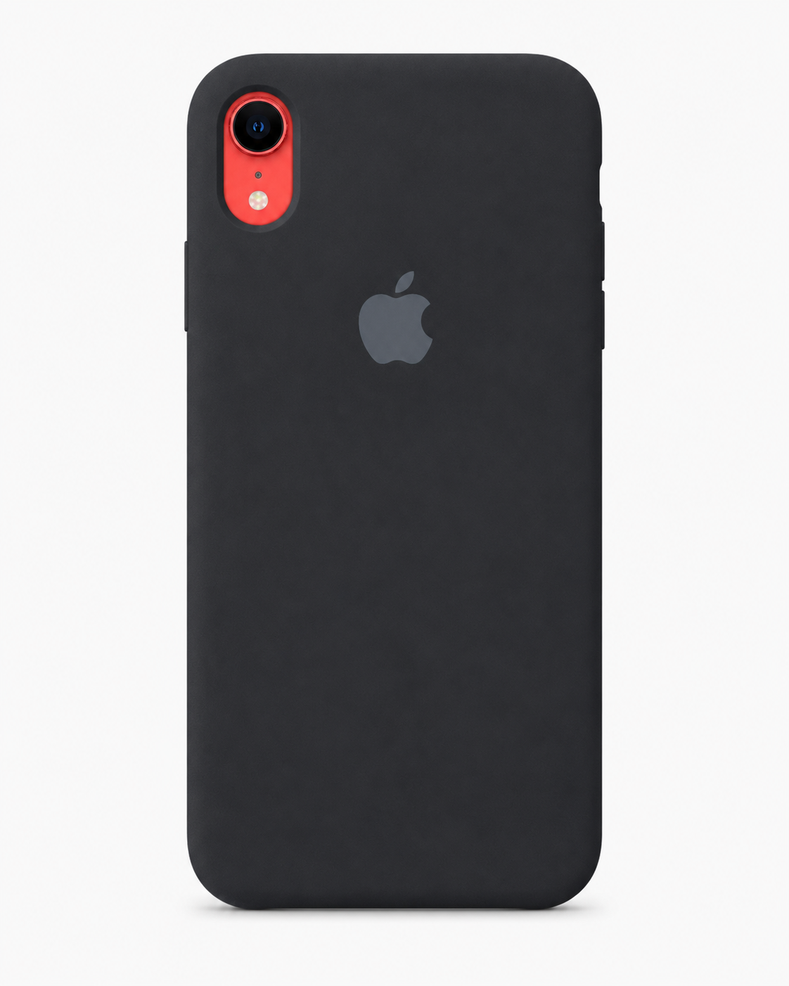 A matte black protective phone case with a cutout for a dual-camera system, featuring a gray Apple logo on the back, shown on a light gray background.