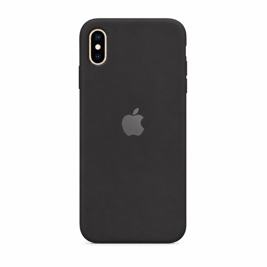 A matte black protective phone case with a built-in Apple logo on the back, shown on a clean white background.