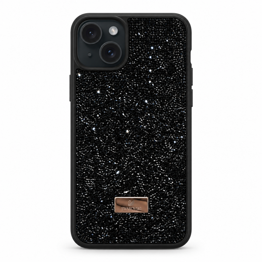 A black phone case with a dense silver glitter pattern, featuring a small rose gold metal logo plate at the bottom. The case is shown on a clean white background.