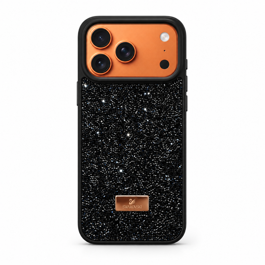 A protective phone case with a black glitter back and a metallic copper-orange camera ring, shown on a white background.