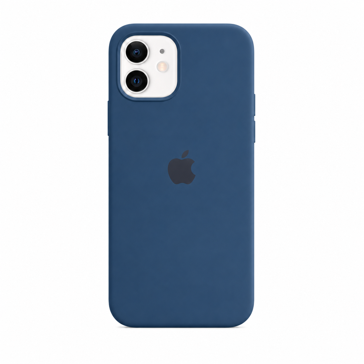 blue case for iphone 11. image has a white background. iphone 11 is inserted in the case. the case has an apple logo on its back 