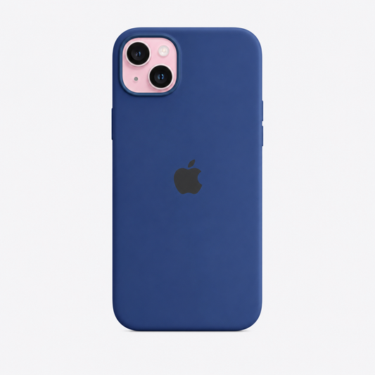 blue color iphone 13 case with apple logo in the middle and white background of the silicone cover iphone 13 inserted in the cover