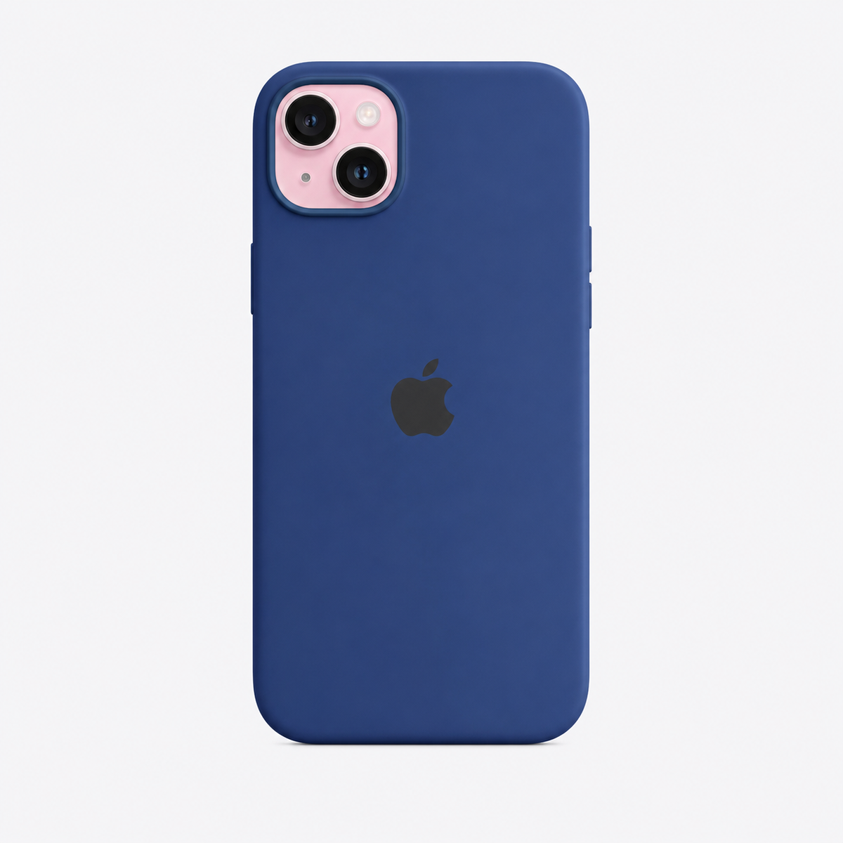 blue color phone case for iPhone 14 plus with apple logo and the image has pure white background