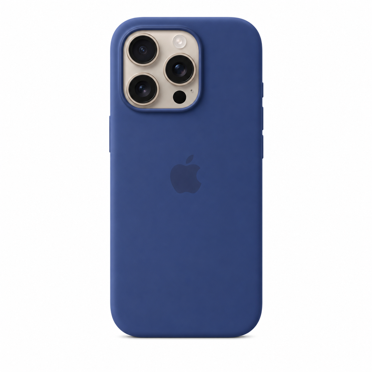 A blue silicone phone case on an iPhone 14 Pro, shown from the back against a plain white background. The Apple logo is visible through the case.