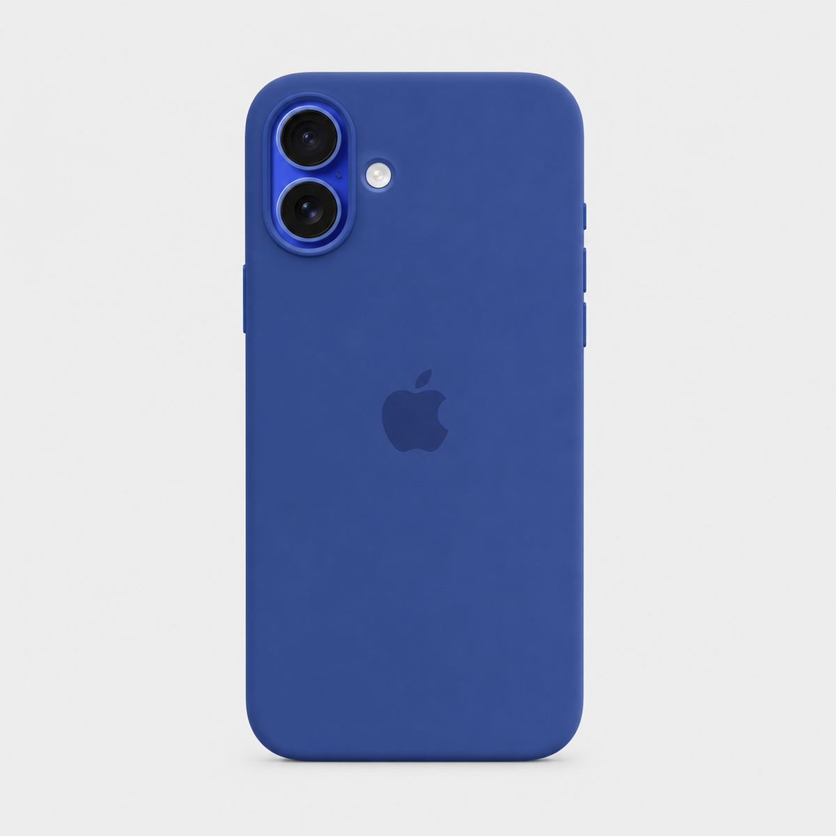 A blue silicone phone case on an iPhone, shown from the back against a light gray background. The Apple logo is visible through the case.