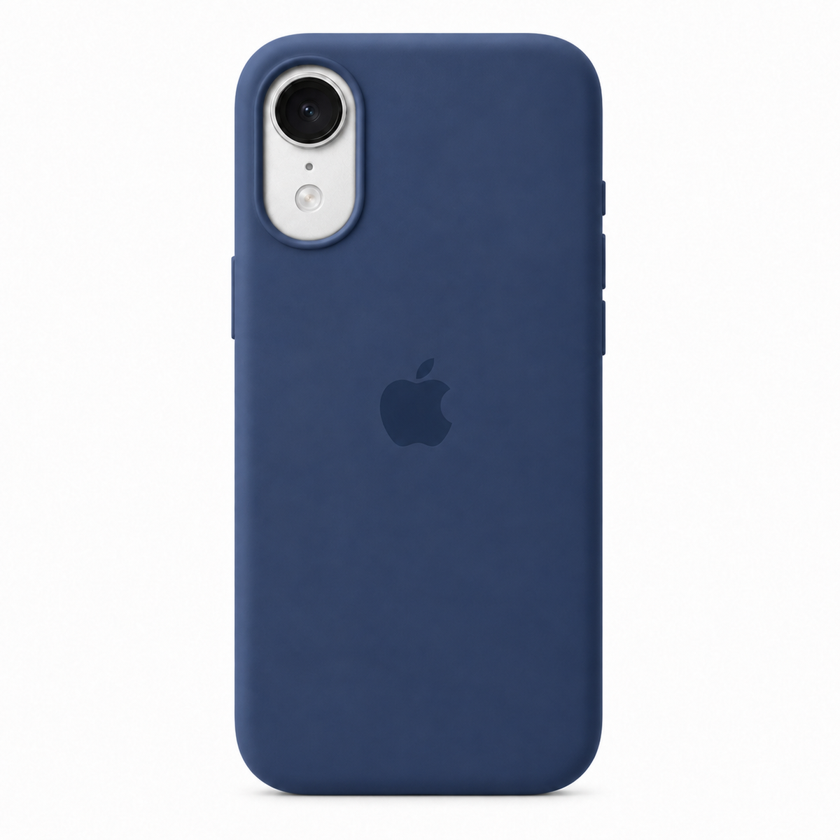 A dark blue silicone phone case with a matte finish, featuring a cutout for the camera and a subtle dark blue Apple logo in the center, shown on a white background.