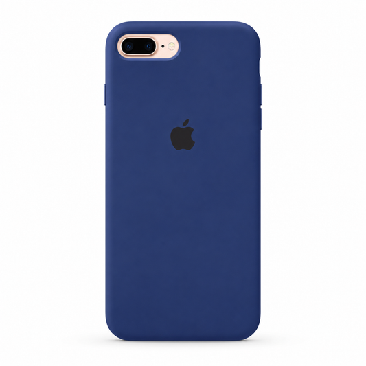A dark blue silicone phone case on an iPhone, shown from the back against a plain white background. The Apple logo is visible through a cutout in the center.