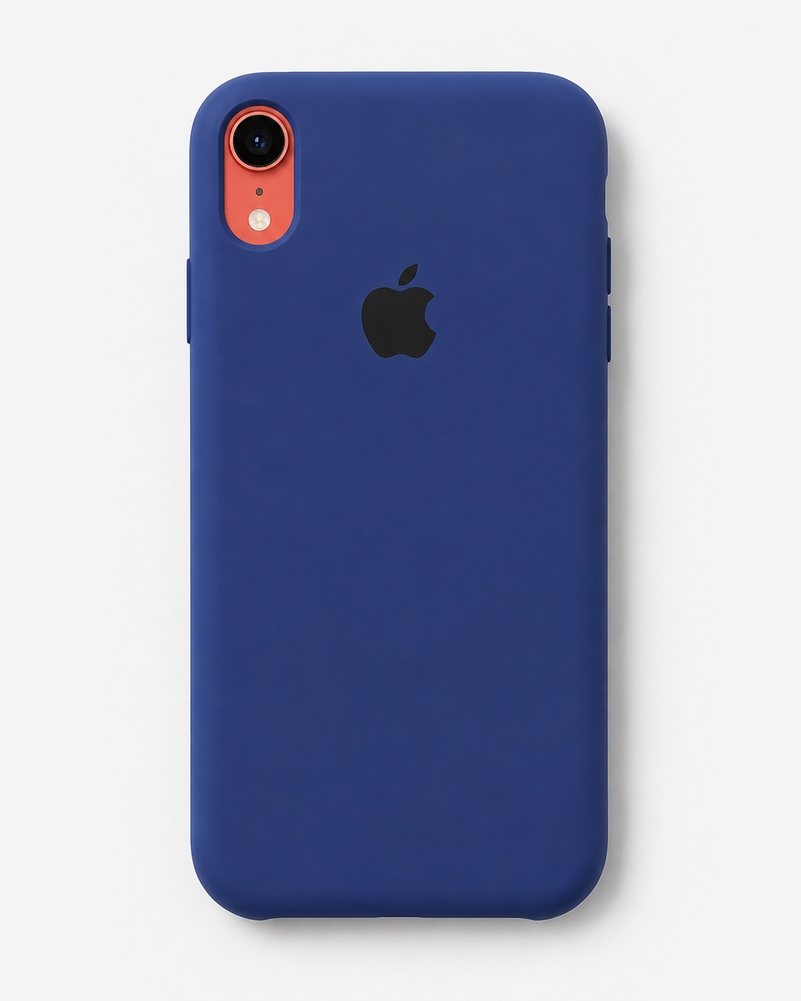 A blue protective phone case with a black Apple logo on the back, shown on a light gray background.