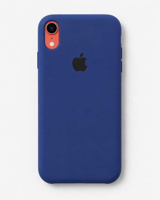 A blue protective phone case with a black Apple logo on the back, shown on a light gray background.