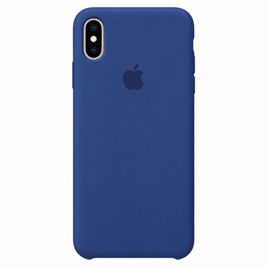 blue iPhone XS silicone case on white background