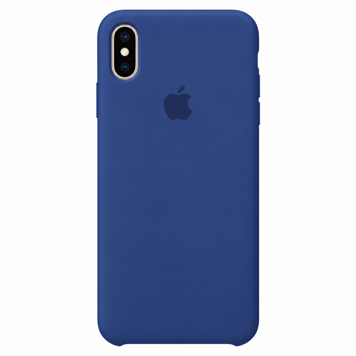 A blue silicone phone case with a matte finish, featuring a cutout for a dual-camera system and a dark blue Apple logo in the center, shown on a plain white background.
